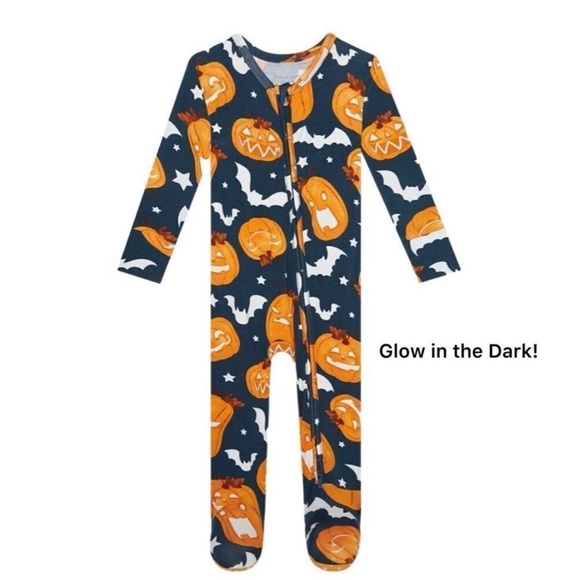 NWT Posh Peanut Bamboo Spooky Pumpkin Blue Glow in the Dark Footie sz 3-6 months - Picture 1 of 7